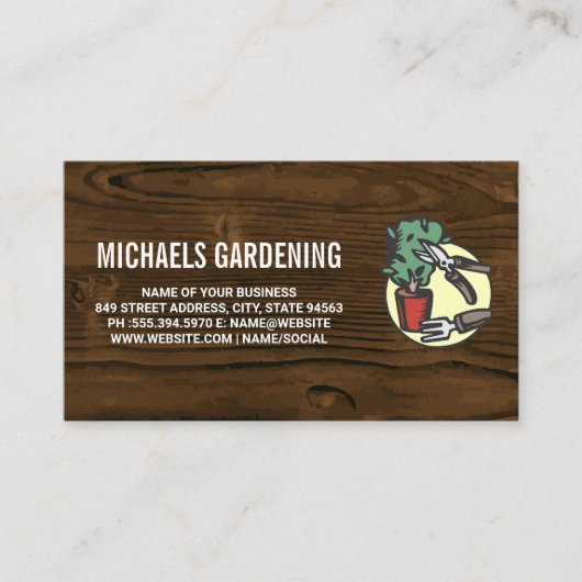 Tuiniergereedschap | Houtnerf achtergrond Visitekaartje (Voorkant)