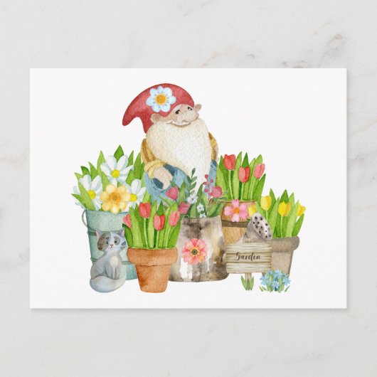 Tuinkabouter met bloemen en kat briefkaart (Voorkant)