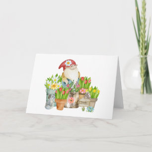 Tuinkabouter met bloemen en kat kaart