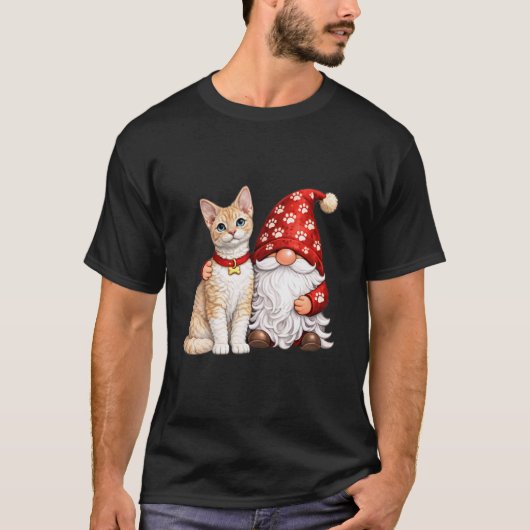Tuinkabouter met schattige Devon Rex kat moeder vr T-shirt (Voorkant)