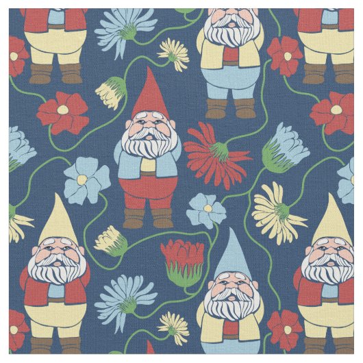 Tuinkabouters met bloemen Navy Blue Patterned Stof (Close Up)