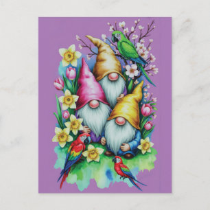Tuinkabouters met papegaaien en voorjaarsbloemen briefkaart