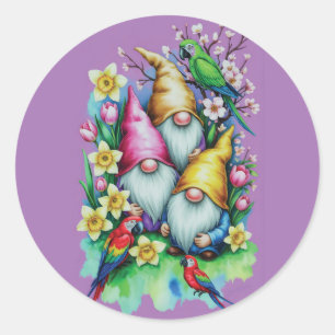 Tuinkabouters met papegaaien en voorjaarsbloemen ronde sticker