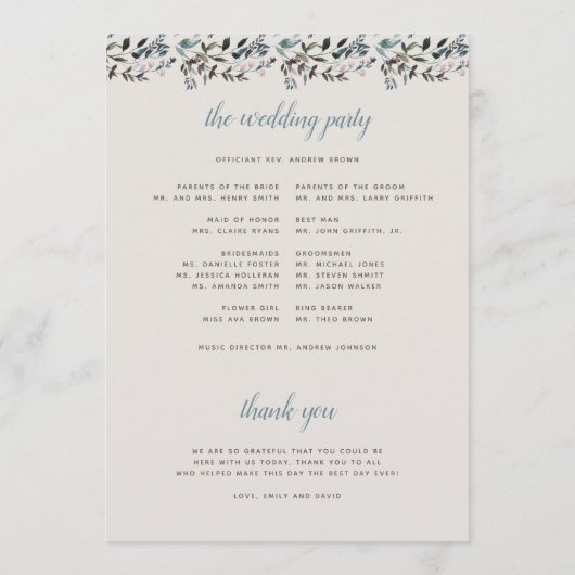 tuinkam | eierschaal | Floral bruiloft ceremonie Programmakaart (Achterkant)