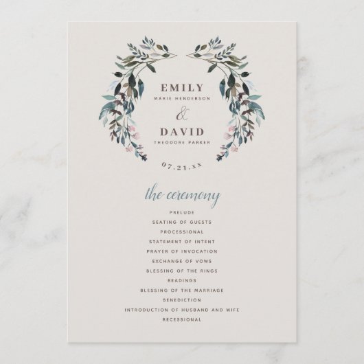 tuinkam | eierschaal | Floral bruiloft ceremonie Programmakaart (Voorkant)