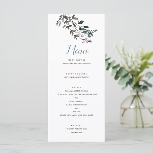 tuinkam | Wit Blauw Bloemen Bruiloft Script Menu (Staand voorkant)
