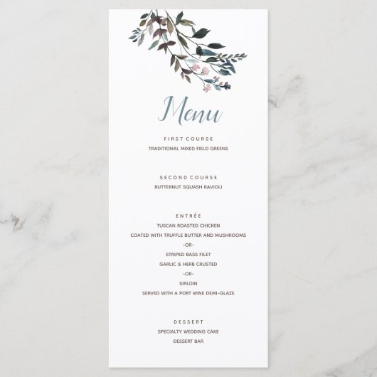 tuinkam | Wit Blauw Bloemen Bruiloft Script Menu (Voorkant)