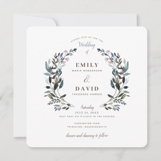 tuinkam | Wit Blauw Bloemen Vierkant Bruiloft Kaart (Voorkant)