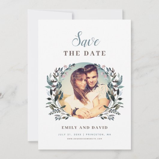 tuinkam | Wit Blauw Bruiloft Bloemen Foto Save The Date (Voorkant)