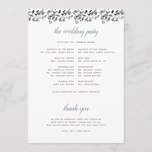 tuinkam | Witte Blauwe Bloemen Huwelijksceremonie Programmakaart (Achterkant)