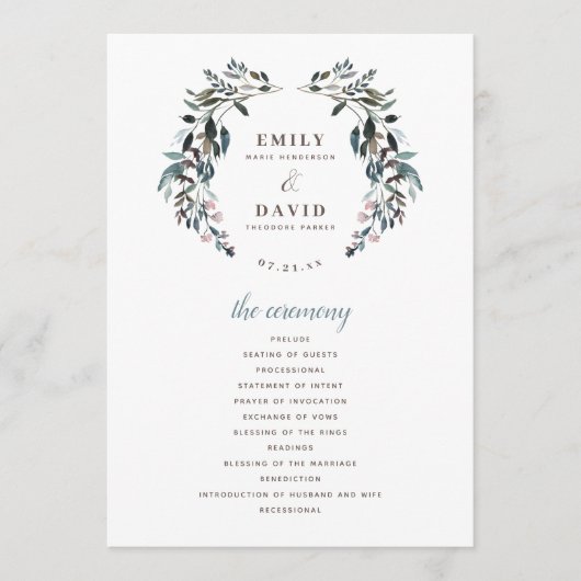 tuinkam | Witte Blauwe Bloemen Huwelijksceremonie Programmakaart (Voorkant)