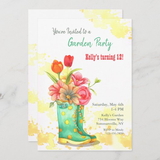 Tuinlaarzen en Bloemen Uitnodiging (Voorkant / Achterkant)