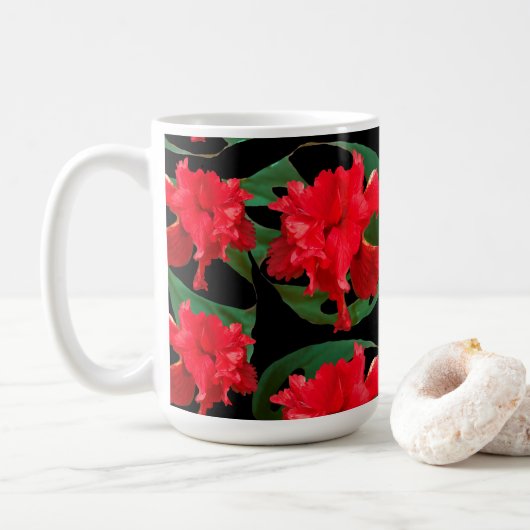 Tuinman Hibiscus Monstera Patroon Zwart Koffiemok (Met donut)