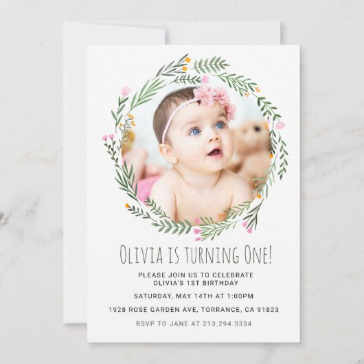 Tuinmeisje met wilde bloemen 1e verjaardag kaart (Voorkant)