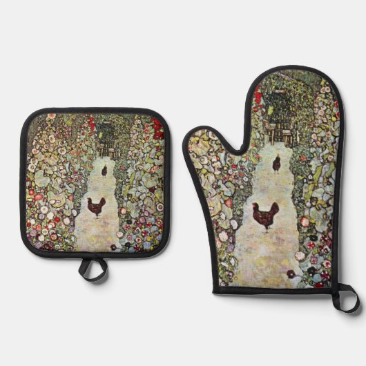 Tuinpad met kippen, Gustav Klimt, Art Nouveau Ovenwant & Pannenlap Set (Voorkant)