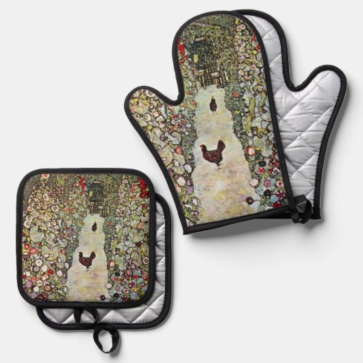 Tuinpad met kippen, Gustav Klimt, Art Nouveau Ovenwant & Pannenlap Set (Voorkant / Achterkant)