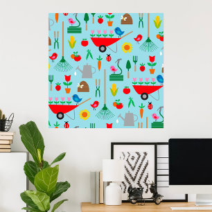 Tuinpatroon lente bloemen en tuin gereedschap poster