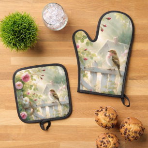 Tuinroos Vogels Watercolorscene Ovenwant & Pannenlap Set