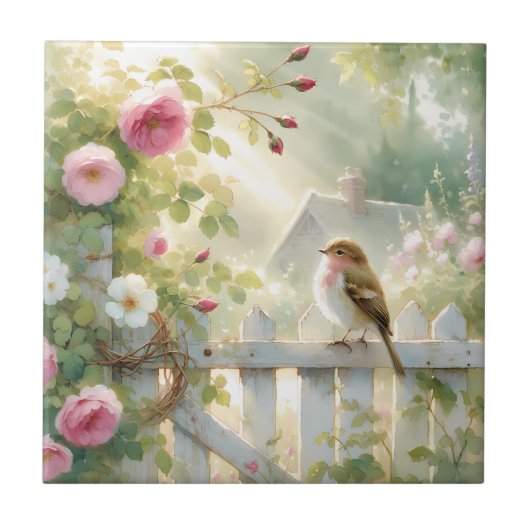 Tuinroos Vogels Watercolorscène Tegeltje (Voorkant)