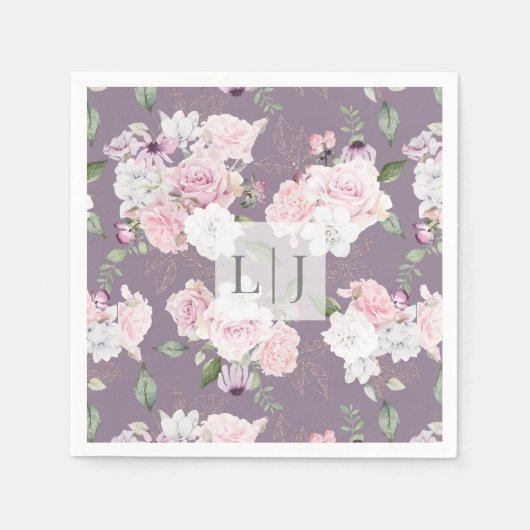 Tuinrozen bloemige monogram servet (Voorkant)