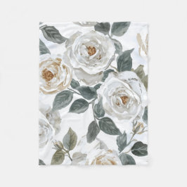 Tuinrozen | Witte Waterverf Bloemige Vintage Fleece Deken