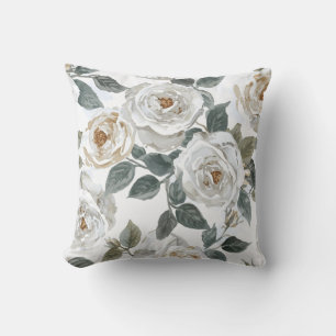 Tuinrozen   Witte Waterverf Bloemige Vintage Kussen