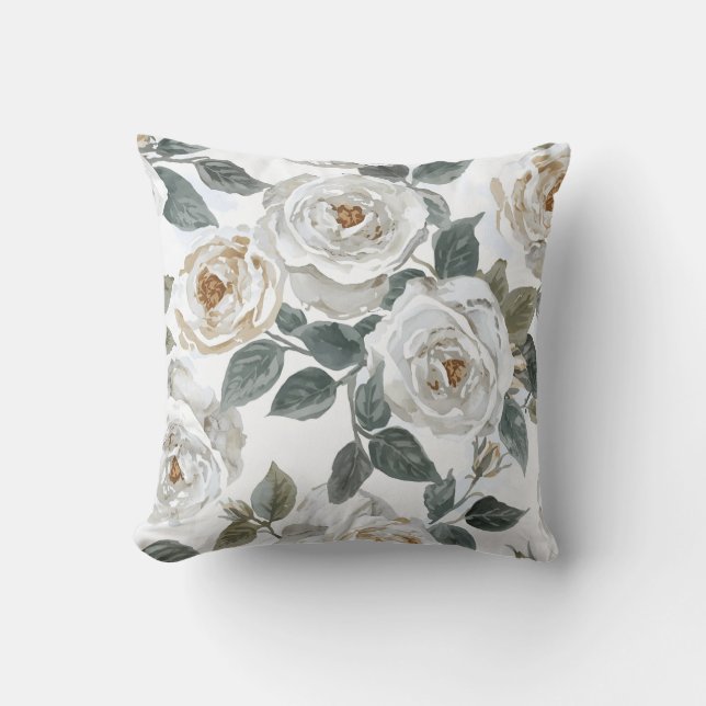 Tuinrozen | Witte Waterverf Bloemige Vintage Kussen (Voorkant)
