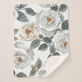 Tuinrozen | Witte Waterverf Bloemige Vintage Sherpa Deken