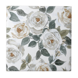 Tuinrozen | Witte Waterverf Bloemige Vintage Tegeltje