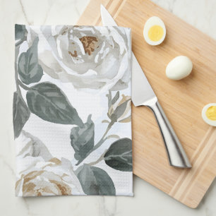Tuinrozen   Witte Waterverf Bloemige Vintage Theedoek