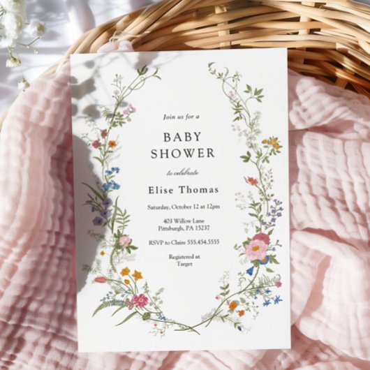 Tuinthema babyshower met wilde bloemen uit vroeger kaart