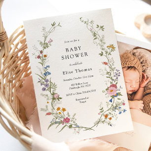 Tuinthema babyshower met wilde bloemen uit vroeger kaart