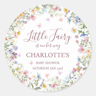 Tuintje met wilde bloemen en feeën baby shower ronde sticker