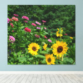 Tuintuin, Uitzicht, bloesems, zonnebloemen Canvas Afdruk (Insitu (Houten vloer))