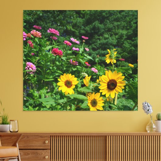 Tuintuin, Uitzicht, bloesems, zonnebloemen Canvas Afdruk (Insitu (Woonkamer))