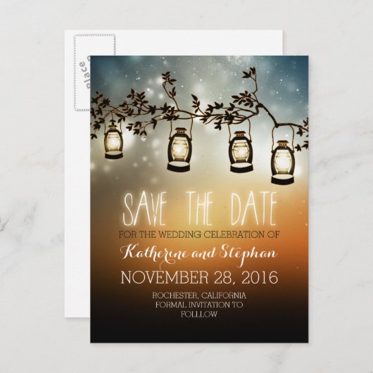 Tuinverlichting - Lantaarns rustiek Save the Date Aankondigingskaart (Voorkant / Achterkant)