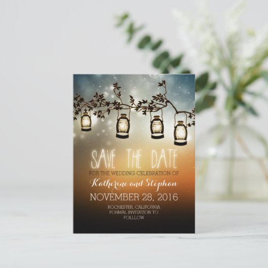 Tuinverlichting - Lantaarns rustiek Save the Date Aankondigingskaart (Staand voorkant)