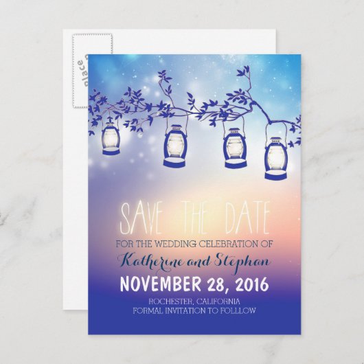 Tuinverlichting - Lantaarns rustiek Save the Date Aankondigingskaart (Voorkant / Achterkant)