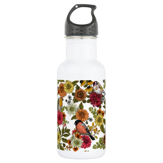 Tuinvogels en bloemen 1 waterfles  (Voorkant)