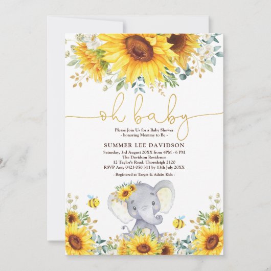 Tuinzonnebloemen Elefant Neutraal Baby shower Kaart (Voorkant)