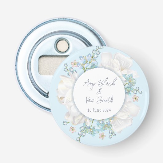 Tulip Blue Floral Wedding Button Flesopener (Voorkant)