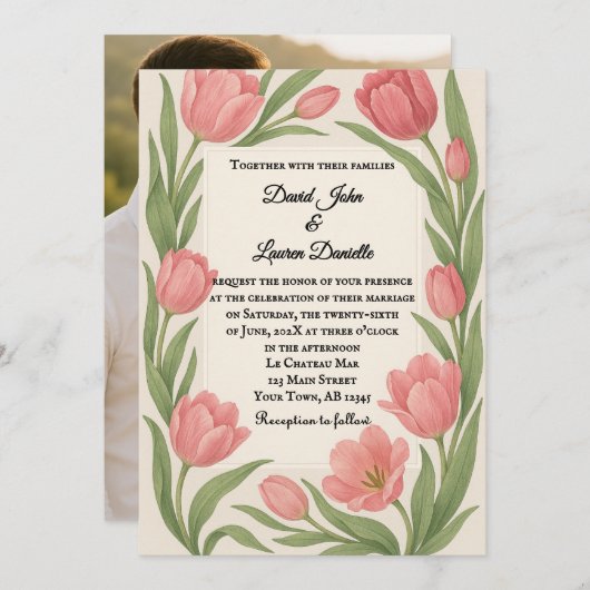 Tulip Ever After Photo Wedding Invitation Kaart (Voorkant / Achterkant)