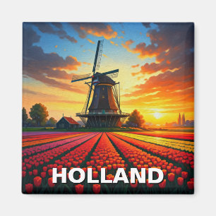 Tulip Fields Windmill Holland Sunset Magneet