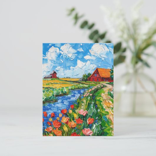 Tulip Fields with Barn and Stream Fantasy Painting Briefkaart (Staand voorkant)
