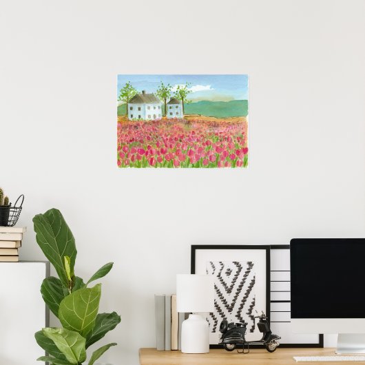 Tulip Flower Field Shaker House Pink Spring Flora Poster (Thuiskantoor)