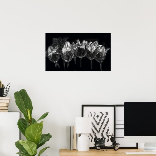 Tulip Garden Black White Scratchboard Art Poster (Thuiskantoor)