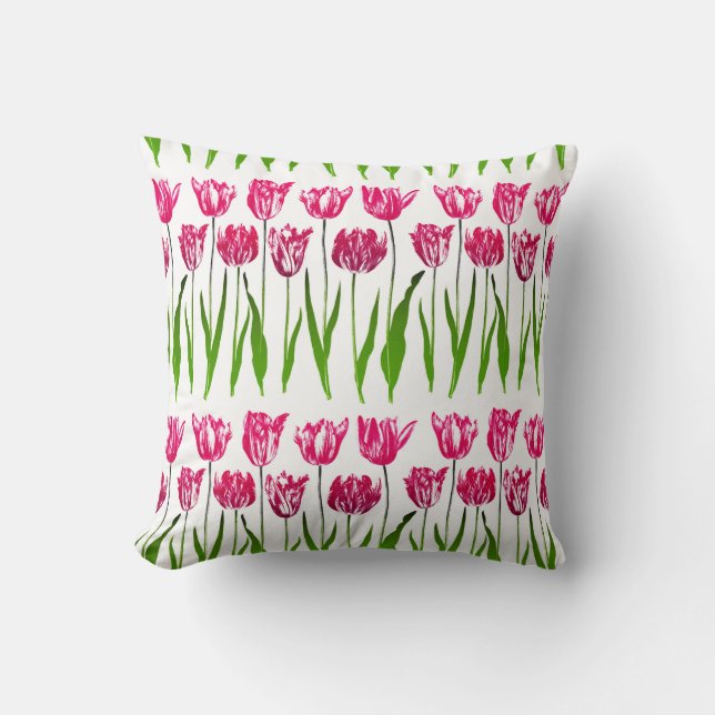 Tulip Garden Floral Print, Fuchsia Pink en Green Kussen (Voorkant)
