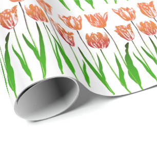 Tulip Garden Print in Coral Oranje en Green Cadeaupapier