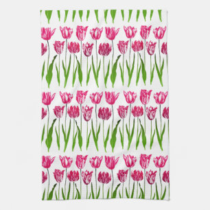 Tulip Garden Print in Fuchsia Pink en Green Theedoek