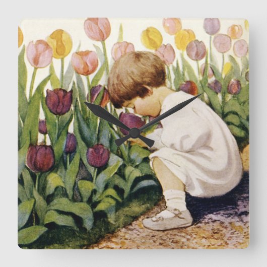 Tulip Garden Vierkante Klok (Voorkant)